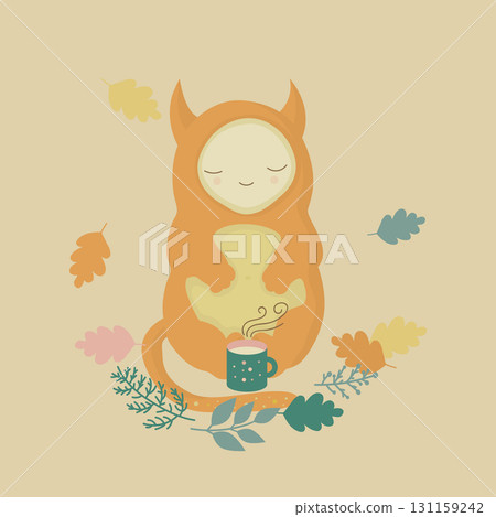 Illustration of a cute orange monster in the autumn forest, cozy picnic Illustration of a cute orange monster in the autumn forest, cozy picnic 131159242