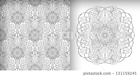 Abstract black and white seamless pattern and mandala, oriental, asian motifs Abstract black and white seamless pattern and mandala, oriental, asian motifs 131159245