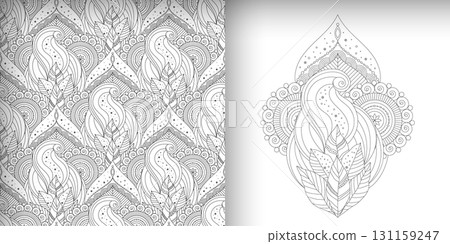Oriental, asian motifs in black and white patterns, abstract and floral details Oriental, asian motifs in black and white patterns, abstract and floral details 131159247