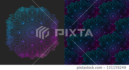 Ethnic seamless pattern and flower mandala in a pink, purple, blue palette 131159249