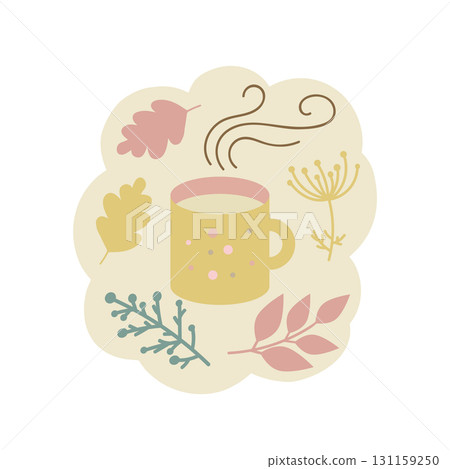 Cozy autumn mug with tea or coffee, and leaves, branches, plants 131159250
