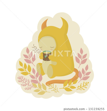 Friendly cute character yellow monster and a mug of hot tea, cozy autumn picnic Friendly cute character yellow monster and a mug of hot tea, cozy autumn picnic 131159255
