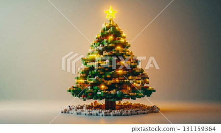 A Christmas tree made in the style of pixel graphics, decorated. Christmas and New Year, winter holidays. 131159364