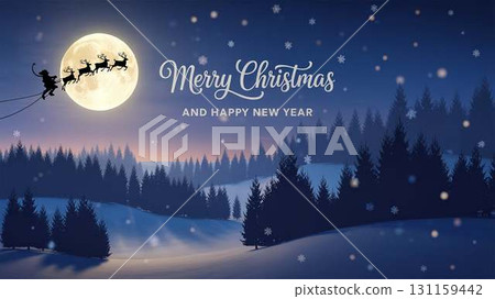 聖誕老人和他的馴鹿在月光下的森林中奔跑的聖誕插圖 131159442