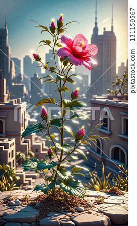 A blooming flower in a post-apocalyptic city setting. A large pink flower blooms amidst a barren, desolate urban landscape characterized by crumbling skyscrapers and debris. A blooming flower in a post-apocalyptic city setting. A large pink flower blooms amidst a barren, desolate urban landscape characterized by crumbling skyscrapers and debris. 131159567