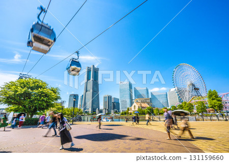 Yokohama cityscape in Japan...View of the ropeway and Yokohama Landmark Tower from Canal Park Station and Canal Park 131159660