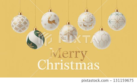 聖誕節插圖，黃色背景上有一排色彩鮮豔的裝飾物 131159675