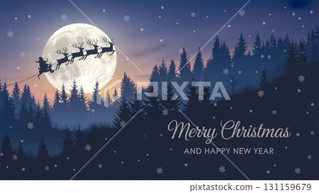 聖誕老人和他的馴鹿在滿月夜空中奔跑的奇妙聖誕插圖 131159679