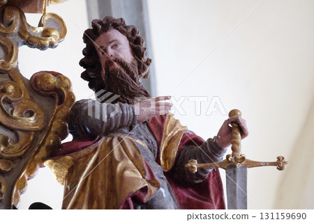 Saint Paul statue on the main altar in the chapel of St. Wolfgang in Vukovoj, Croatia 131159690