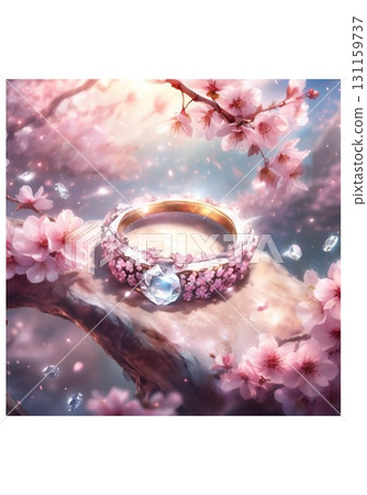 Illustration background of cherry blossom petals and sparkling rings 131159737