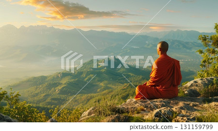 Silhouette Buddhist monk meditation on the rock side with a high mountain Generative AI. Silhouette Buddhist monk meditation on the rock side with a high mountain Generative AI. 131159799