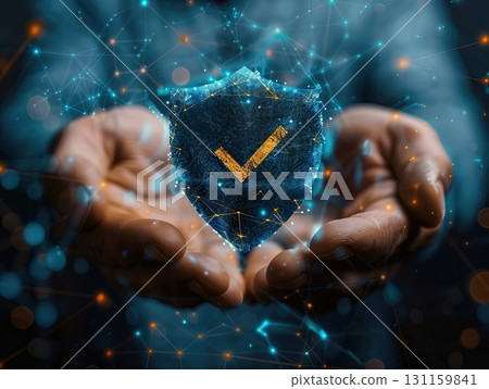 A man's hands hold a shield with a check mark on a virtual screen Generative AI. A man's hands hold a shield with a check mark on a virtual screen Generative AI. 131159841
