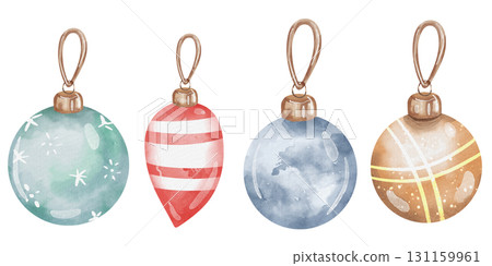 Set of various Christmas tree decorations. Illustration of watercolor balls for decorating the tree. Isolated on white background. Gold, blue, and red ball Set of various Christmas tree decorations. Illustration of watercolor balls for decorating the tree. Isolated on white background. Gold, blue, and red ball 131159961