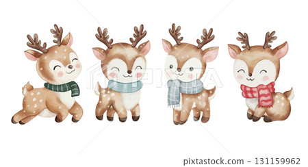 Cute watercolor Christmas reindeer wearing scarves. Fun winter characters for New Year's decorations, greeting cards, children's illustrations, and festive designs Cute watercolor Christmas reindeer wearing scarves. Fun winter characters for New Year's decorations, greeting cards, children's illustrations, and festive designs 131159962