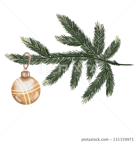 Watercolor illustration of green fir branch Christmas tree with golden glass Christmas ball. Isolated on white background for holiday designs 131159971