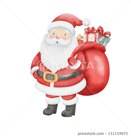 Santa Claus with large red bag of gifts. Smiling symbol of Christmas and New Year. Watercolor illustration, isolated on white background 131159975
