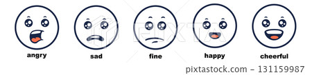 Five emoji faces depicting various emotional states Five emoji faces depicting various emotional states 131159987