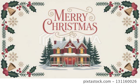 Retro illustration of a snowy house and Christmas wreath 131160026