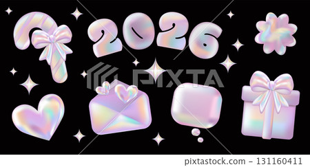 3d holographic New Year stickers set. Pink Chrome Envelope, Candy Cane, Heart, Gift box, Speech bubble, Flower, 2026 in Y2K style. Future galaxy aesthetic, 3D chrome bubble art. Metal glossy sticker 131160411