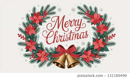 Illustration of a gorgeous Christmas wreath with poinsettias and bells 131160490
