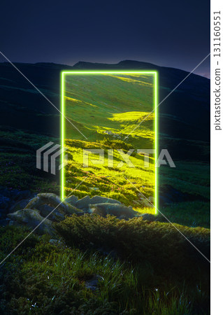 Bold vibrant poster. Neon portal opening to glowing valley at night as creative branding concept 131160551