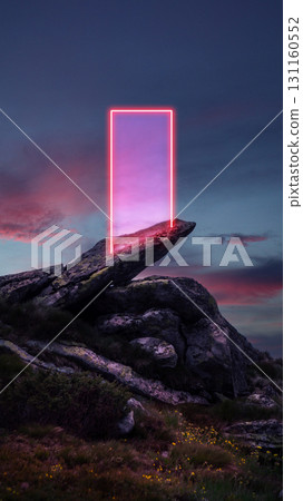 Futuristic composition. Neon pink portal on cliff edge glowing as futuristic branding inspiration Futuristic composition. Neon pink portal on cliff edge glowing as futuristic branding inspiration 131160552