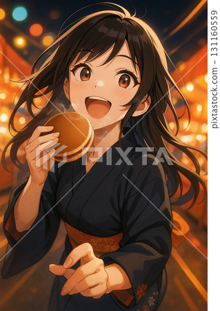 一個女孩微笑著享受銅鑼燒的插圖 131160559