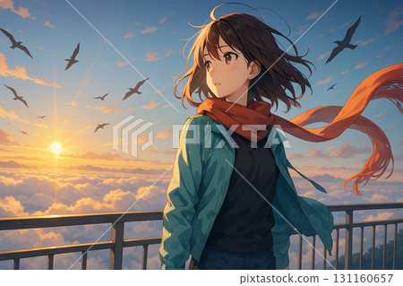 凝視日落和雲海的女孩的插圖 131160657