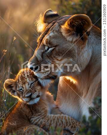 Lioness and cub embrace in golden grassland in the wild 131160909