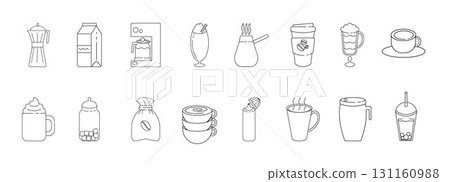 Coffee icons. Geometric coffee and tea pattern in minimalist style. Abstract print background with simple shapes for coffee shop, food packaging, cafe wall, menu. Coffee icons. Geometric coffee and tea pattern in minimalist style. Abstract print background with simple shapes for coffee shop, food packaging, cafe wall, menu. 131160988
