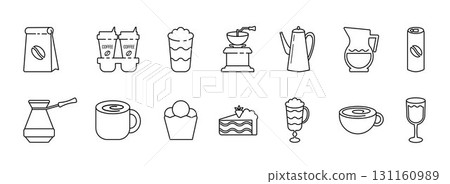 Coffee icons. Geometric coffee and tea pattern in minimalist style. Abstract print background with simple shapes for coffee shop, food packaging, cafe wall, menu. 131160989