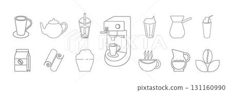 Coffee icons. Geometric coffee and tea pattern in minimalist style. Abstract print background with simple shapes for coffee shop, food packaging, cafe wall, menu. Coffee icons. Geometric coffee and tea pattern in minimalist style. Abstract print background with simple shapes for coffee shop, food packaging, cafe wall, menu. 131160990