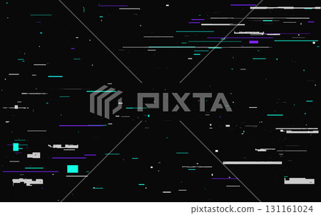 Glitch background with color distortion lines on black. Futuristic digital noise texture for tech design. Error video signal effect. Abstract cyber theme. TV overlay problem. Vector Illustration 131161024