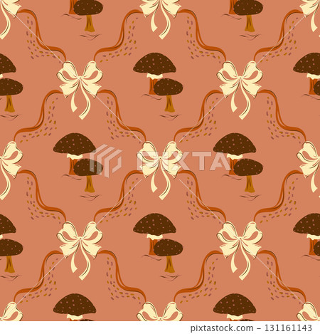 Seamless pattern of mushrooms, ribbons and cute coquette bows a warm brown tones textured background 131161143