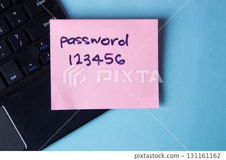 Pink sticky note showing weak password security risk 131161162