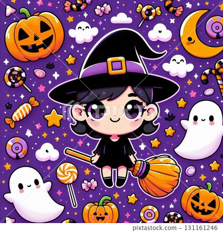 A pop illustration of a cute witch riding a broom and Halloween motifs 131161246