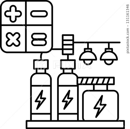 A black and white drawing of a factory with a sign that says "8" on it A black and white drawing of a factory with a sign that says "8" on it 131161346