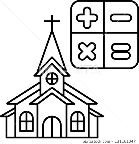 A church with a cross on top and a number 8 on the side A church with a cross on top and a number 8 on the side 131161347