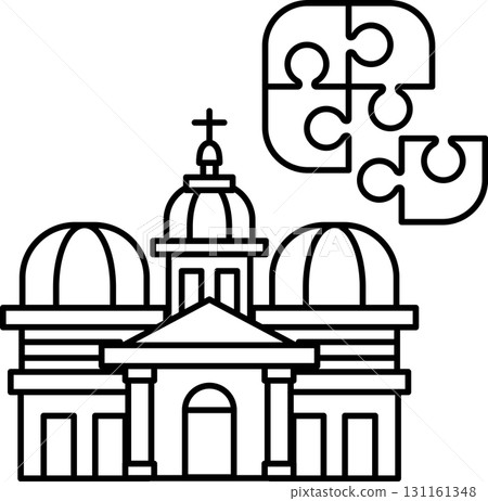 A building with a cross on top and a puzzle piece on the bottom 131161348