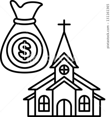 A church with a bag of money next to it 131161365