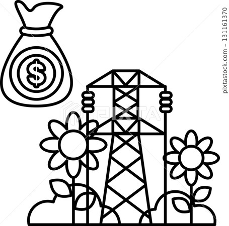 A black and white drawing of a person holding a bag of money and a power line A black and white drawing of a person holding a bag of money and a power line 131161370