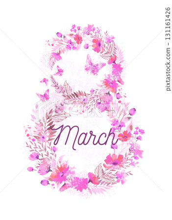 Happy Women's Day, March 8th. Beautiful banner with watercolor pink flowers and butterflies, delicate pastel colors. Vector illustration Happy Women's Day, March 8th. Beautiful banner with watercolor pink flowers and butterflies, delicate pastel colors. Vector illustration 131161426