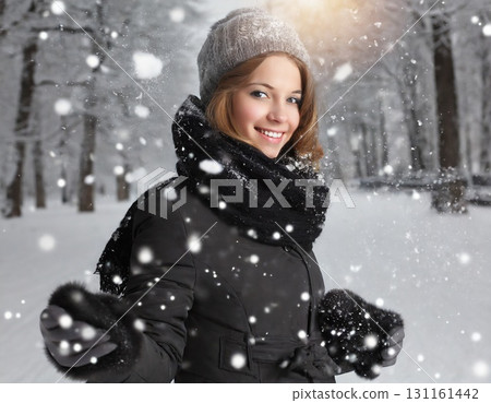 Snowy landscape and smiling woman - AI generation 131161442