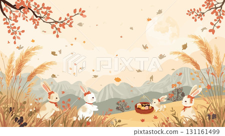 一隻兔子坐在秋山的紫芒田裡 131161499