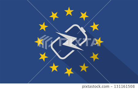Electric Battery Charging Long Shadow on the European Union Flag. Electric Battery Charging Long Shadow on the European Union Flag. 131161508