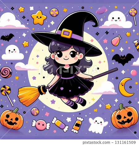 可愛的女巫騎著掃帚和萬聖節主題的流行插圖 131161509