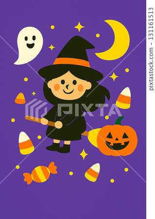 A pop illustration of a cute witch riding a broom and Halloween motifs 131161513