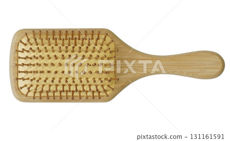 Top view of hair care brush comb with wooden handle isolated on white background Top view of hair care brush comb with wooden handle isolated on white background 131161591