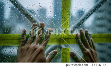 下雨天，兩個人在戶外做木工活 131161640