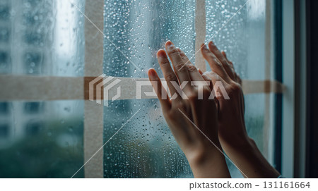 雨夜,一個人在室內用手抵著窗戶 雨夜,一個人在室內用手抵著窗戶 131161664